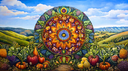 A colorful mandala of fruits and vegetables, each representing different aspects of biodynamic farming, set against a backdrop of rolling hills and blue skies. 