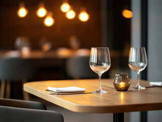 Cozy Wooden Table Illuminated by Softly Blurred Restaurant Lights, Creating a Warm and Inviting Ambiance for a Memorable Dining Experience.
