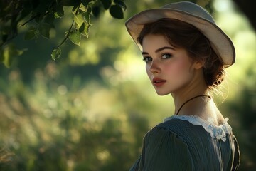 young woman dressed in vintage style clothes, nature background, copy space