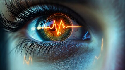 This image depicts a female eye combined with a heartbeat visualization, innovatively exploring the intricate connection between vision and health within a compelling scientific context