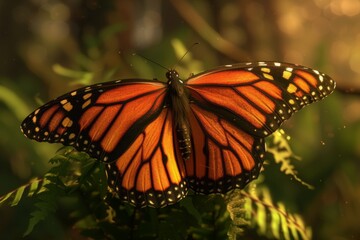 Fototapeta premium Beautiful digital render of a monarch butterfly resting on green ferns in a lush, sunlit forest during early morning hours showcasing vivid orange and black colors