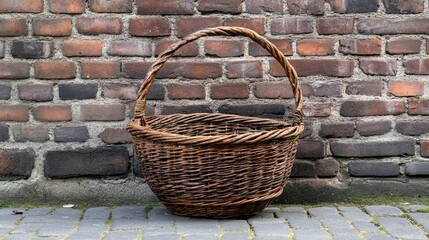 A traditional market basket with a robust build, leaning against a textured brick wall.