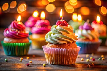 Sweet birthday treat: macro photography captures a candle's glow on delectable cupcakes.