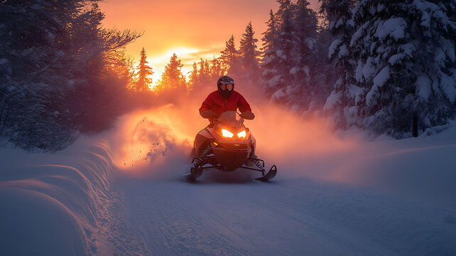 Sunset Snowmobile - riding a snowy trail in the woods - Powered by Adobe