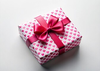Valentine's Day Gift Box Top View: Romantic Heart Pattern Wrapping, Ribbon Bow, White Background