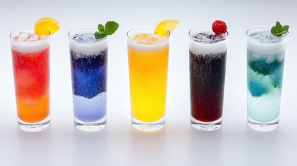 Fototapeta premium Colorful drinks in tall glasses with ice and garnishes.