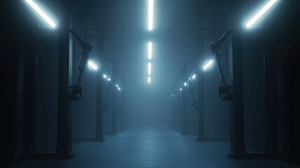 Precision stock production with robotic arms, AI systems optimizing production processes, glowing futuristic factory lights 