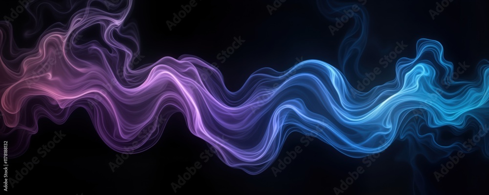 Poster abstract design with swirling blue, purple smoke on black background. dynamic shapes, smooth flowing