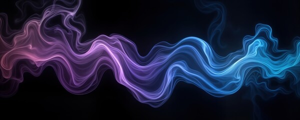 Abstract design with swirling blue, purple smoke on black background. Dynamic shapes, smooth flowing lines create mystical, colorful effect. Motion, light suggested by ethereal smoke forms. Image
