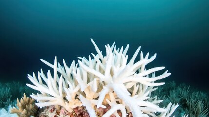 Coral reef with bleached coral structures in clear water.
