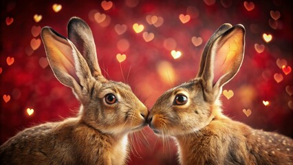 Fototapeta premium Valentine's Day Hares: Adorable Brown-Blonde Bunnies Nose-to-Nose on Red Background with Hearts