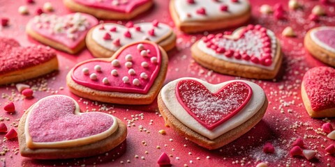 Valentine's Day Heart Cookies: Red, Pink & White Sugar Sprinkles on Pink Background
