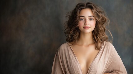Fototapeta premium Empowering aesthetics shown as young woman confident and poised, with soft curls and natural expression, embodying beauty and grace.
