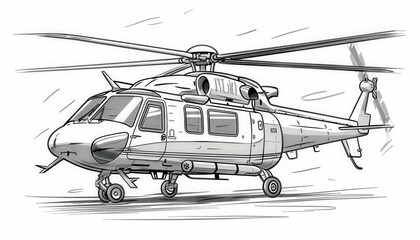 A stylized black and white sketch of a helicopter. Ideal for children's coloring books, activity pages, or simple illustrations.