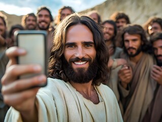 Obraz premium Smiling Jesus Christ Selfie: A Joyful, Modern Religious Portrait