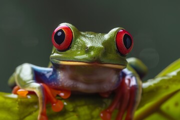Fototapeta premium A vibrant red-eyed tree frog perched on a green leaf in a tropical rainforest, showcasing its bright colors and captivating gaze during the early morning light