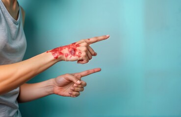 Adult human hands with painful red rash blisters symptoms of monkeypox disease. Patient with skin rash. Medical health problem. Hands point to empty space. Potentially dangerous disease worldwide.