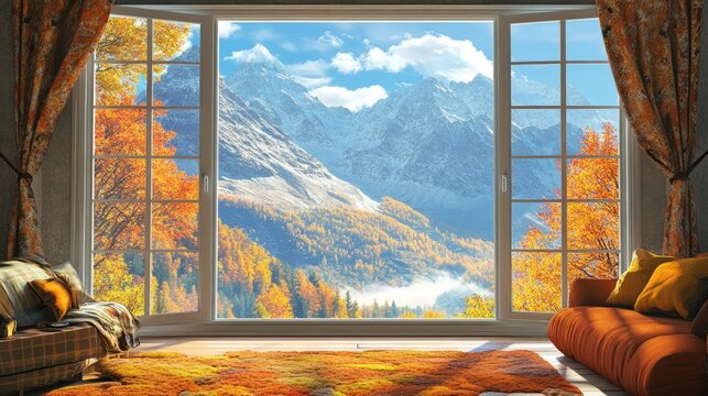 A warm interior with a large window overlooking a colorful autumn landscape and snow-capped mountains. - Powered by Adobe