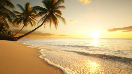 Fototapeta premium Serene beach at sunset with palm trees and gentle waves.
