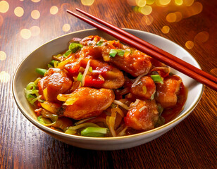 bowl of general tso's chicken, served with red chopsticks on the side, Chinese American meal