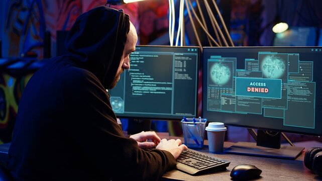 Hacker in dark underground warehouse trying to steal valuable data by targeting governmental websites but getting access denied error message, having cyber attacks rejected, dolly in close up shot - Powered by Adobe