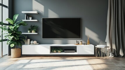 Modern living room with TV, shelves, and plants.