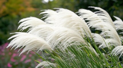Obraz premium Fluffy white pampas grass swaying gently in the breeze.
