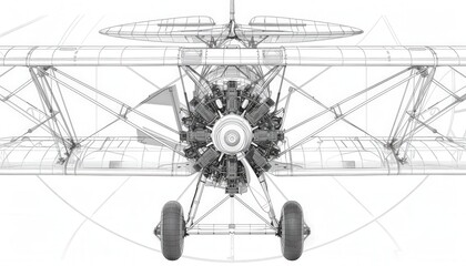 Blueprint drawing of a vintage biplane showcasing its front view with a detailed radial engine and structural components. Ideal for aviation enthusiasts and technical illustrations.