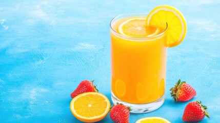 Fototapeta premium A refreshing glass of orange juice garnished with lemon and strawberries.