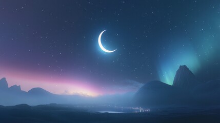 Crescent moon, aurora borealis, and misty mountains at night.