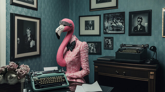 A confident flamingo in a 1920s flapper business dress, standing at a stylish art deco desk, surrounded by vintage telephones, typewriters, and black-and-white photographs. 