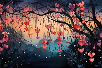 Dusk landscape with heart-shaped flowers hanging from a tree branch over misty mountains.