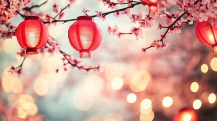 Cherry blossom branches and traditional red paper lanterns on a festive New Year canvas.