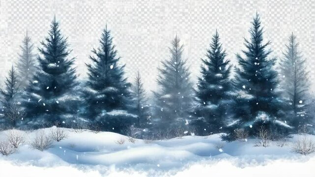 Snowy landscape with a row of evergreen trees. 4K Video