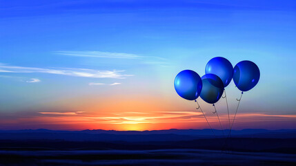 Fototapeta premium Group of four blue balloons floating in the sky above a beautiful sunset
