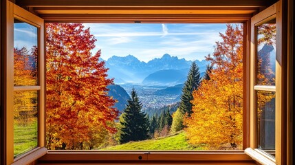 Scenic view from a wooden house window with mountains in the distance and trees in vibrant autumn colors.