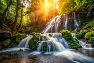 Obraz premium Vibrant Brown Waterfall Cascading Through Lush Green Forest - Stock Photo