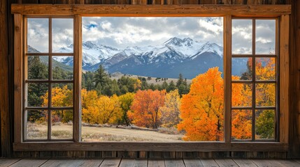 Fototapeta premium Vibrant fall colors and snow-capped peaks seen through a large wooden-framed window in a rustic house.