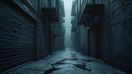 A dark street in a foggy atmosphere