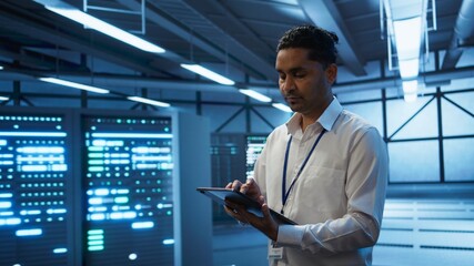 Engineer walking in data center, monitoring security threats, implementing cybersecurity measures. Indian man ensuring compliance with regulations to protect data center gear, camera B