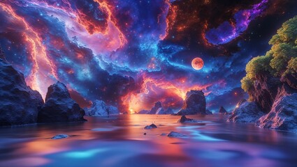 A fabulous landscape on a lake with a bright starry sky