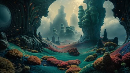 Extraterrestrial landscape with restenas and rocks