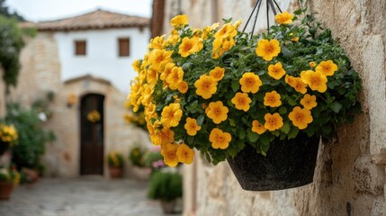 Fototapeta premium Vibrant yellow hanging flower bushes creating a cheerful and sunny outdoor scene.