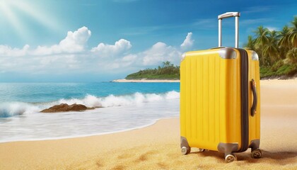 Yellow suitcase and sand and sea background.
