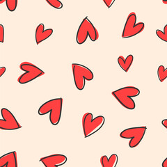 Cute doodled valentines day love themed seamless repeat pattern. Random placed, vector icons like hearts, stars, wording, arrows, flowers, rainbows, lips. Cartoon all over print on pink background.