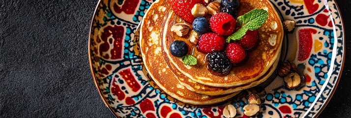 Fototapeta premium A creative take on vegan pancakes, topped with fresh berries, maple syrup, and a sprinkle of nuts, served on a colorful patterned plate. 
