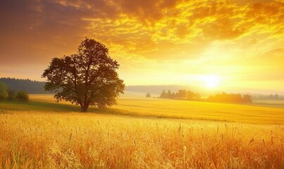 Fototapeta premium Golden sunrise over a tranquil wheat field with a lone tree, ideal for nature backgrounds.
