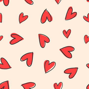 Cute doodled valentines day love themed seamless repeat pattern. Random placed, vector icons like hearts, stars, wording, arrows, flowers, rainbows, lips. Cartoon all over print on pink background.