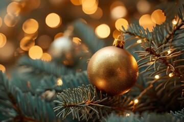 Close up view of beautiful fir branches adorned with a golden ornament and glowing bokeh lights, creating a festive atmosphere during the holiday season