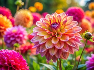 Vibrant Dahlia Blooms in a Summer Garden: Candid Close-Up Photography